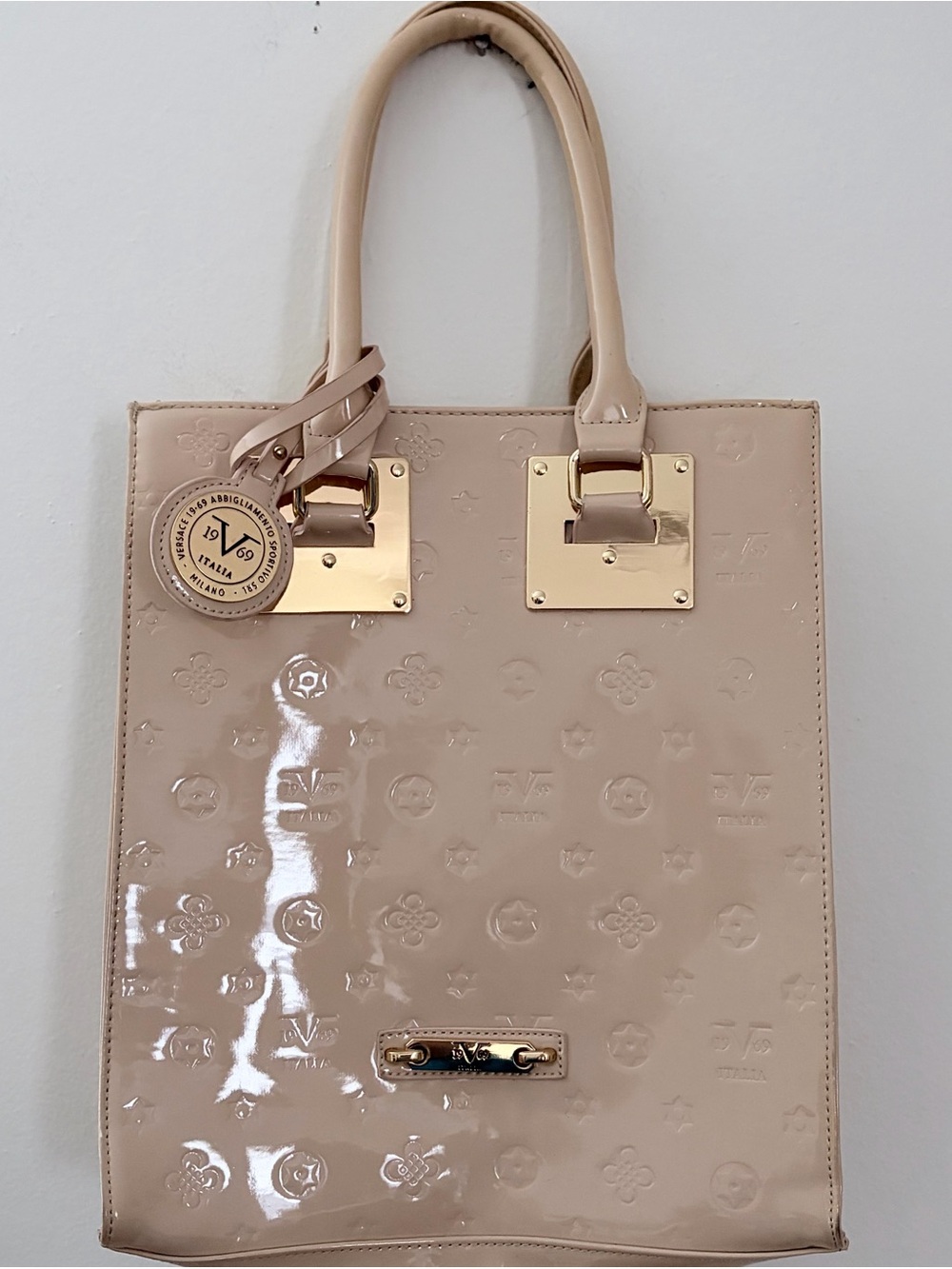 Versace 1969 Patent Leather Tote Bag in Nude Beige